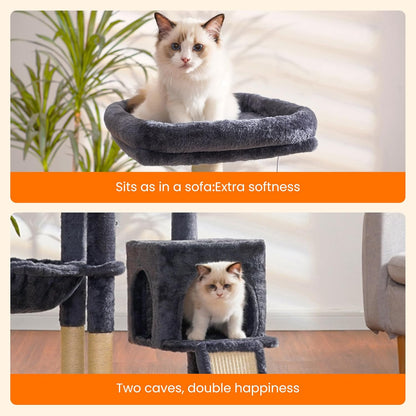 Heybly Cat Tree with Cat Self Groomer Brush, Cat Tower Condo for Indoor Cats with Padded Plush Perch, Cat House with Basket Scratching Board Post, Smoky Gray HCT005SG