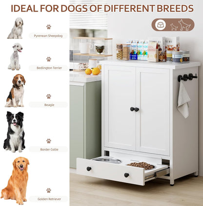 Dog Feeding Station with Storage, Metal Dog Food Storage Cabinet with 2 Elevated Bowls and 3 Hooks, Pet Feeding Station and Dogs Food Storage Organizer, White