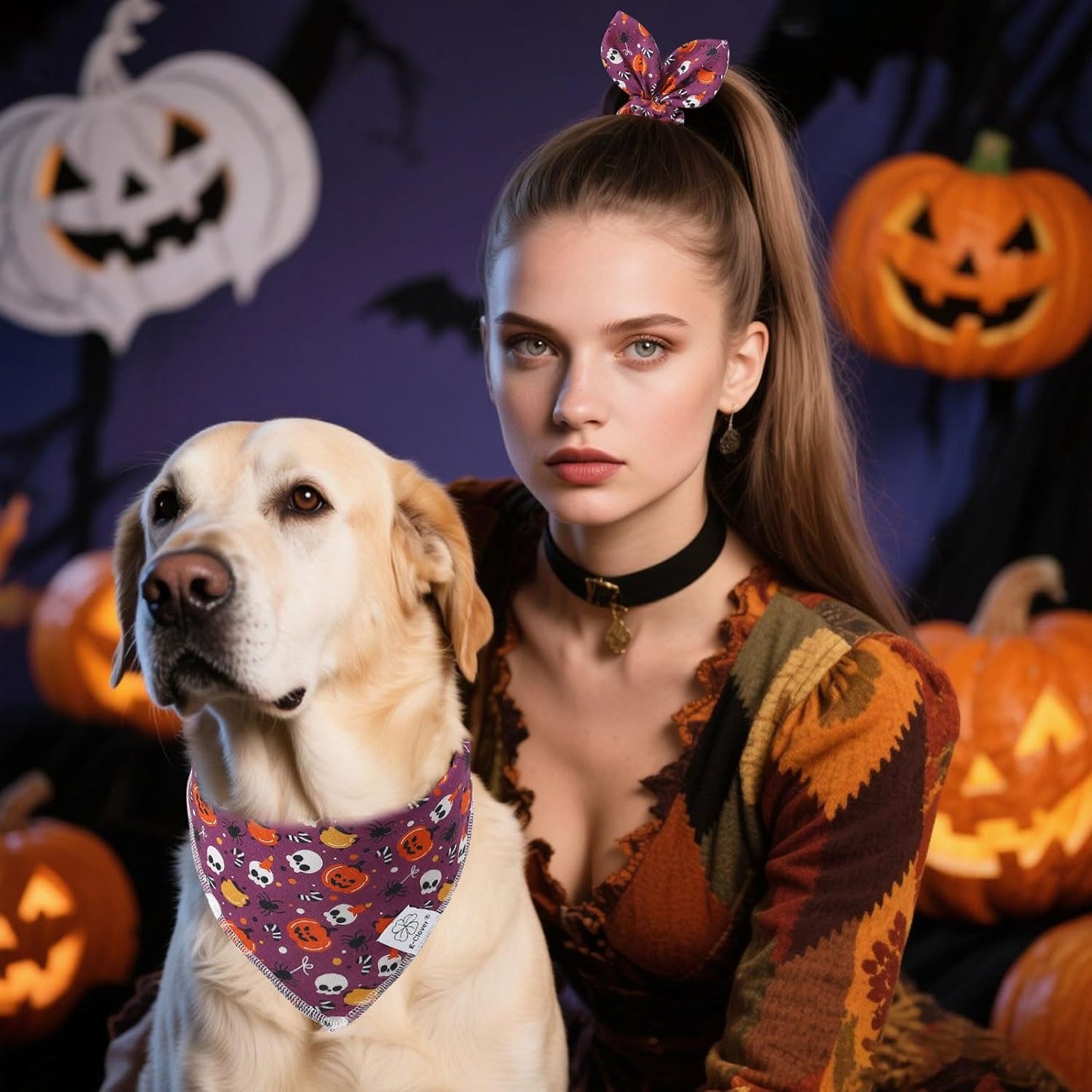 E-Clover Halloween Dog Bandanas & Matching Scrunchie Set Girl Cute Pumpkin Dog Scarf Bibs Pet Bandana with Bow Tie for Small Dogs Puppy Owner Mom Purple Orange