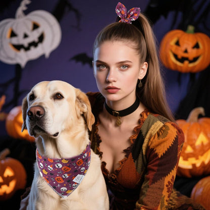 E-Clover Halloween Dog Bandanas & Matching Scrunchie Set Girl Cute Pumpkin Dog Scarf Bibs Pet Bandana with Bow Tie for Small Dogs Puppy Owner Mom Purple Orange