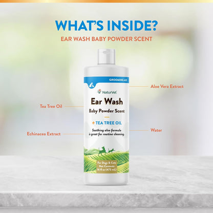 NaturVet Ear Wash Liquid Supplement for Dogs & Cats – Pet Health Supplement Cleans Dog, Cat Ear Canals – Includes Aloe, Tea Tree Oil – Helps Remove Pet Ear Wax, Dirt, Debris – 16 Oz.