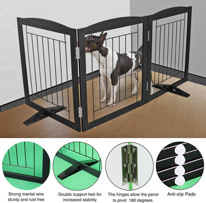 ZJSF Freestanding Dog Fence Indoor, Foldable Dog Gate for Doorways, Stairs or Hallways, Sturdy Wood Extra Wide Pet Gate with Support Feet for The House, Black, 32 "Height-3 Panels