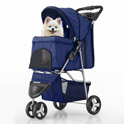MoNiBloom 3 Wheels Pet Stroller, Foldable Dog Cat Cage Jogger Stroller with Weather Cover for All-Season, Storage Basket and Cup Holder, Breathable and Visible Mesh for Small/Medium Pets, Blue - Pawvie