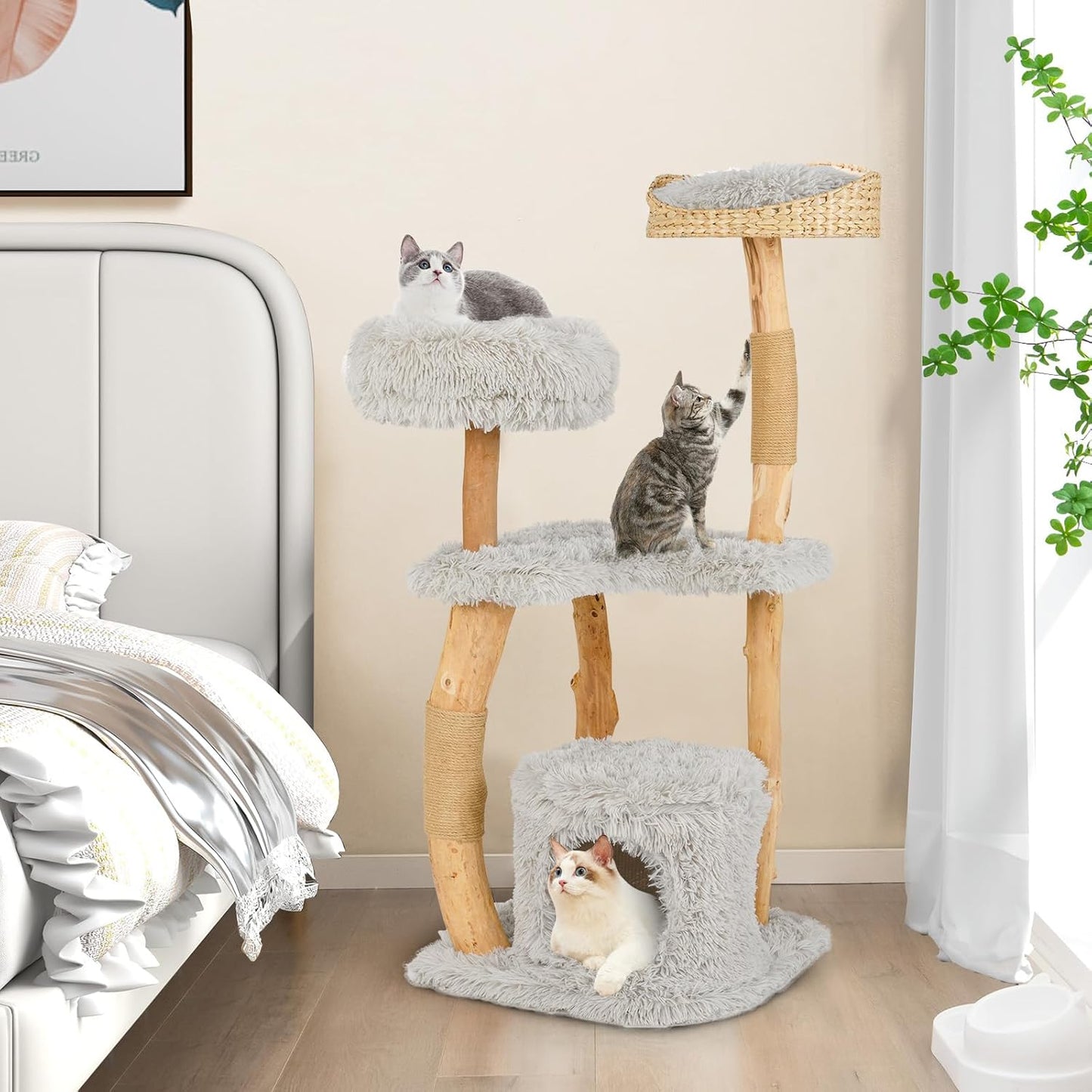 Tangkula Cat Tree Tower, Solid Wood Modern Cat Tower with Top Cattail Basket Bed, Side Perch, Large Platform & Cat Condo, Cute Cat Tree with Scratching Posts for Indoor Cats Large Adult