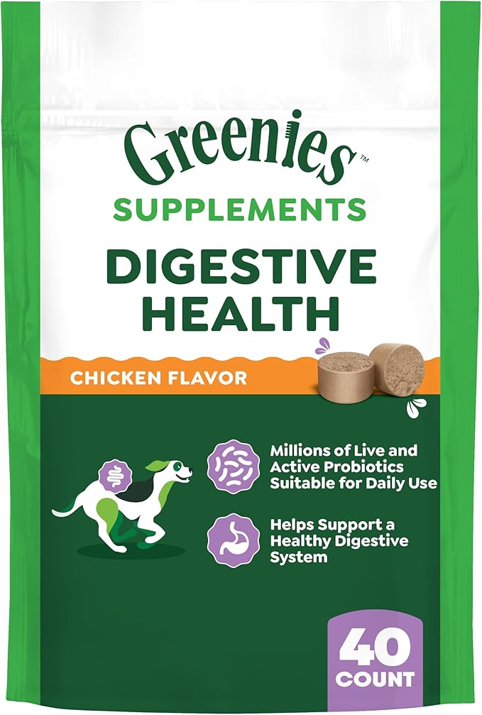 Greenies Supplements Digestive Health Probiotics for Dogs, Dog Probiotic Supplements, Chicken Flavor, 7.8 oz. Pouch of 40 Count