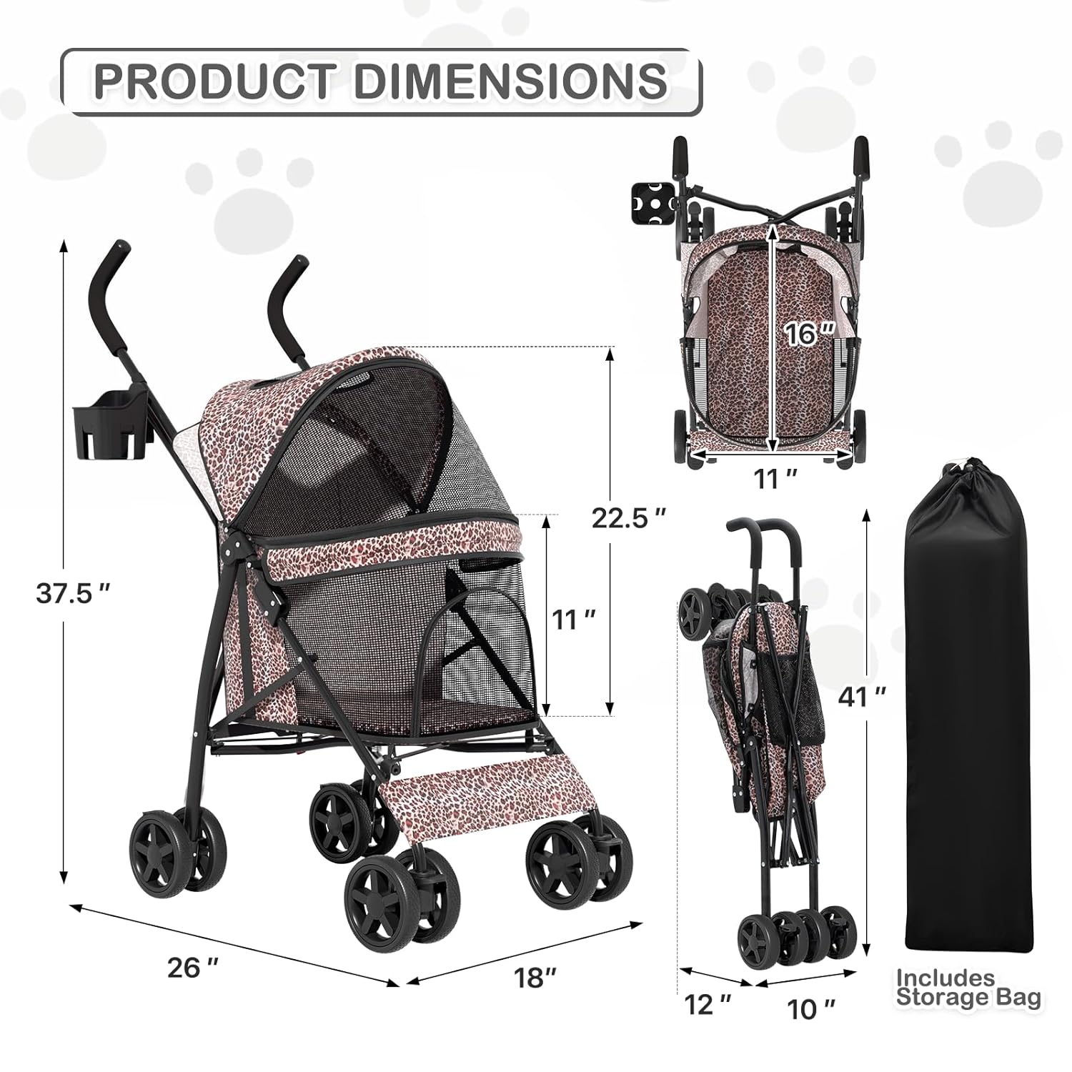 MoNiBloom 4 Wheels Pet Stroller, Easy-Fold Umbrella Shaped Dog Cat Jogger Stroller w/Storage Bag & Visible Mesh for Small/Medium Dogs Cats Leopard Print - Pawvie