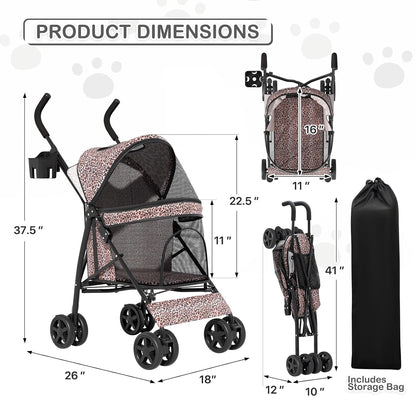 MoNiBloom 4 Wheels Pet Stroller, Easy-Fold Umbrella Shaped Dog Cat Jogger Stroller w/Storage Bag & Visible Mesh for Small/Medium Dogs Cats Leopard Print - Pawvie