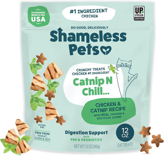 Shameless Pets Crunchy Cat Treats - Catnip Treats for Cats with Digestive Support, Kitten Treats with Real Chicken, Natural & Healthy Flavored Feline Snacks - Catnip N Chill, 1-Pk (12 Oz)