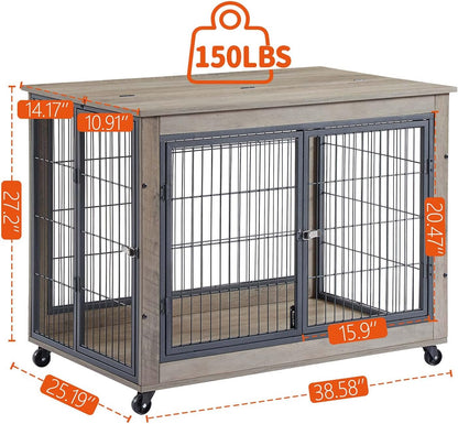 IchbinGo Wooden Dog Crate Furniture, 38.5" Dog Kennel with 3 Doors, Flip-up Top Opening and Wheels, Decorative Pet Crate Dog House for Large/Medium/Small Dog Indoor Use (Rustic Grey)