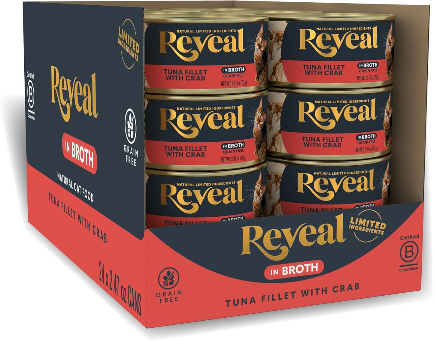 Reveal Natural Wet Cat Food in Broth, Limited Ingredient Grain Free Canned Cat Food, Protein with No Artificial Additives, Tuna with Crab in Broth (24 x 2.47 oz Cans)