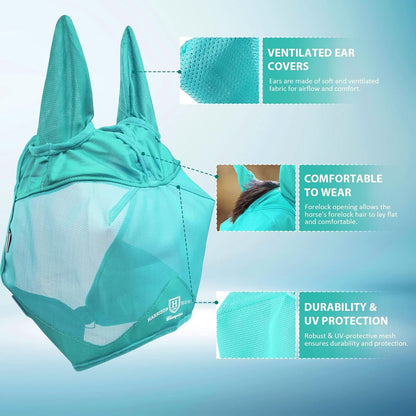Harrison Howard UV-proof Multi-Function Fabrics Thick Fleece Padding Horse Fly Mask Half Face with Ears Mint Horse Large
