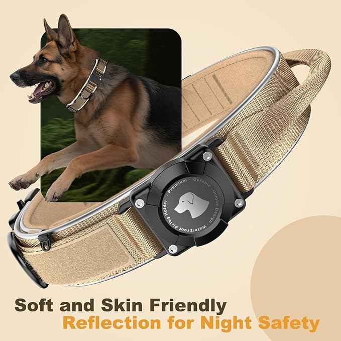 2025 New and Improved AirTag Dog Collar, Military Tactical Dog Collar with AirTag Holder - Adjustable Control Handle, Durable Metal Buckle, Comfortable GPS Dog Collars (M, Khaki)