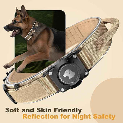 2025 New and Improved AirTag Dog Collar, Military Tactical Dog Collar with AirTag Holder - Adjustable Control Handle, Durable Metal Buckle, Comfortable GPS Dog Collars (M, Khaki)