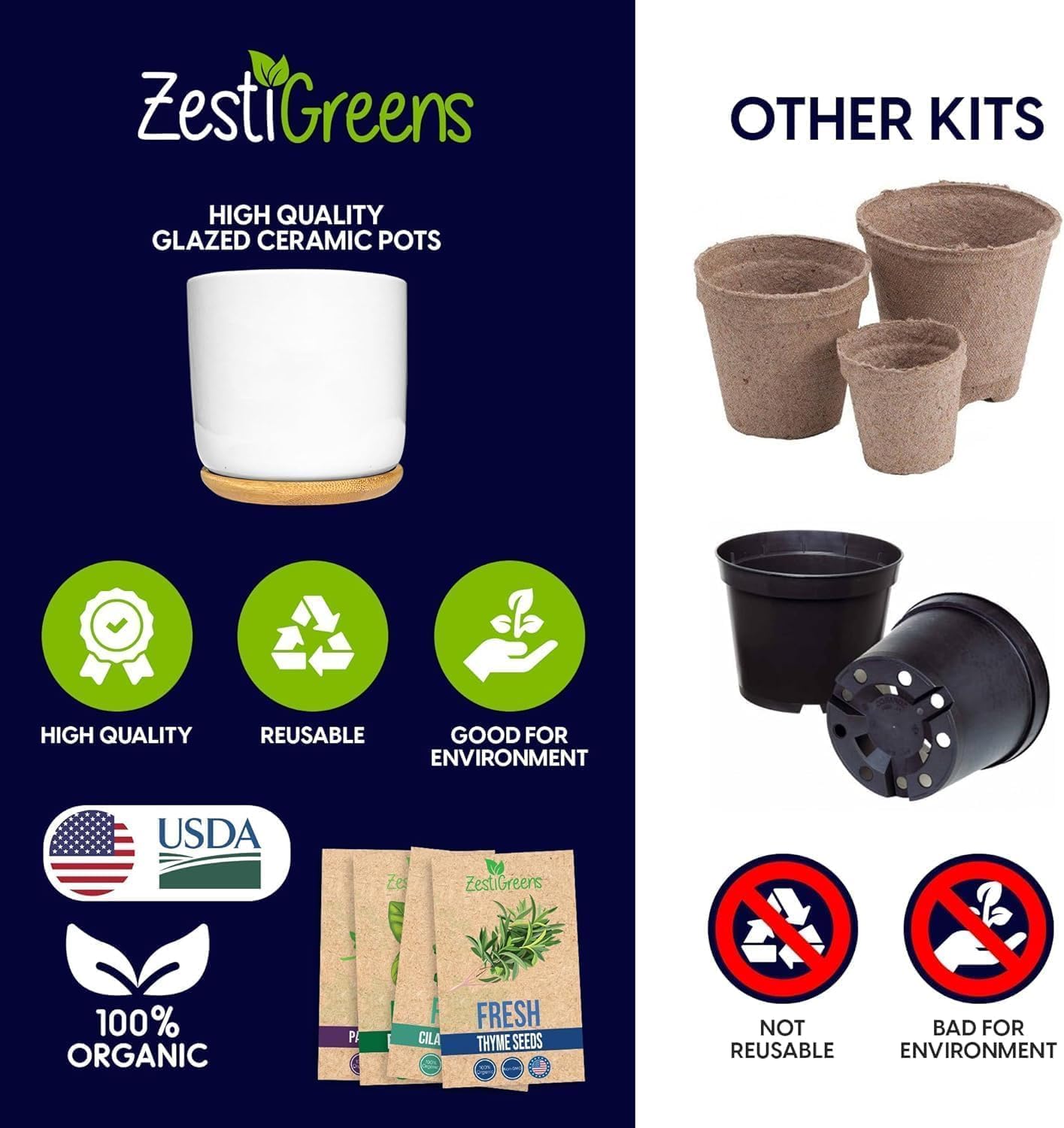 Deluxe Ceramic Indoor Herb Kit 4 Set. Variety Herbs for Indoor & Outdoor – Get Growing with Pots, Potting Soil for Window Herb Garden. (Ceramic Edition)