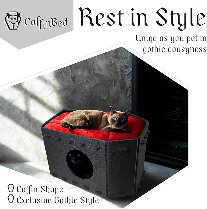 Gothic Cat Bed for Indoor Cats or Pets, Foldable as Halloween Cat House with Soft Cushion for Goth Bed, Gothic Cat House, Coffin Shape Cat Cave Bed, Black and Red Color Halloween Cat Bed