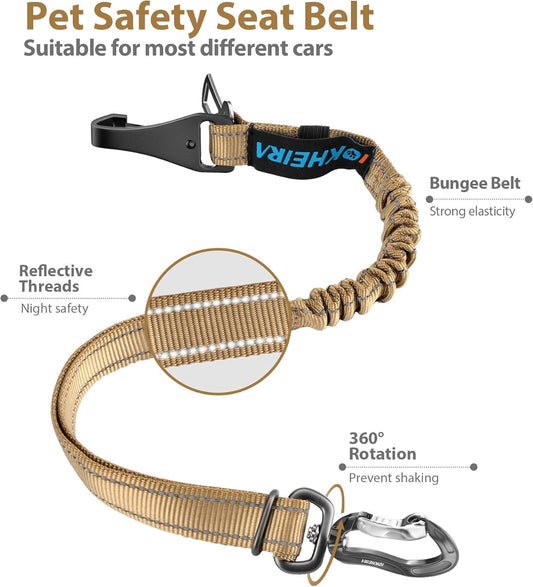 IOKHEIRA Dog Seatbelt, Universal Reflective Bungee Dog Car Harness with Hook Latch & Seatbelt Buckle, Swivel Aluminum Carabiner, Green