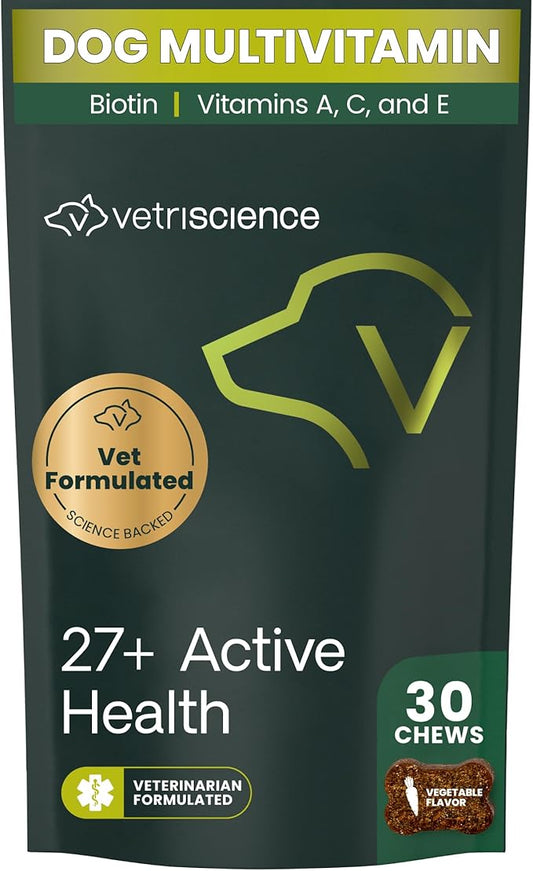 VetriScience 27+ Active Health Chews, Canine Plus Daily Multivitamin for Puppies and Adult Dogs, Balanced Vitamins, Minerals & Antioxidants, Veggie, 30 Count