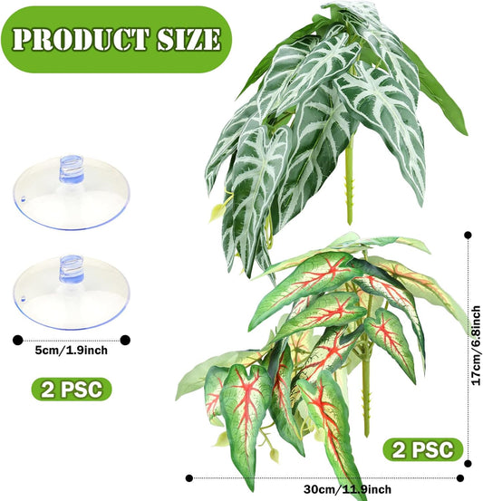 2 Pack Reptile Plants for Terrarium, Artificial Leaves Habitat Decorations with Suction Cups, Terrarium Hanging Plants Vines for Bearded Dragons Lizards Snake Geckos Frogs - red and White