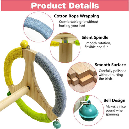 PINVNBY Bird Stand Perch Toy Wooden Spinning Parrot Perch with Cotton Rope and Bell Interactive Cockatiel Toy Bird Cage Accessories for Parakeets Conures Budgies Finches Lovebirds