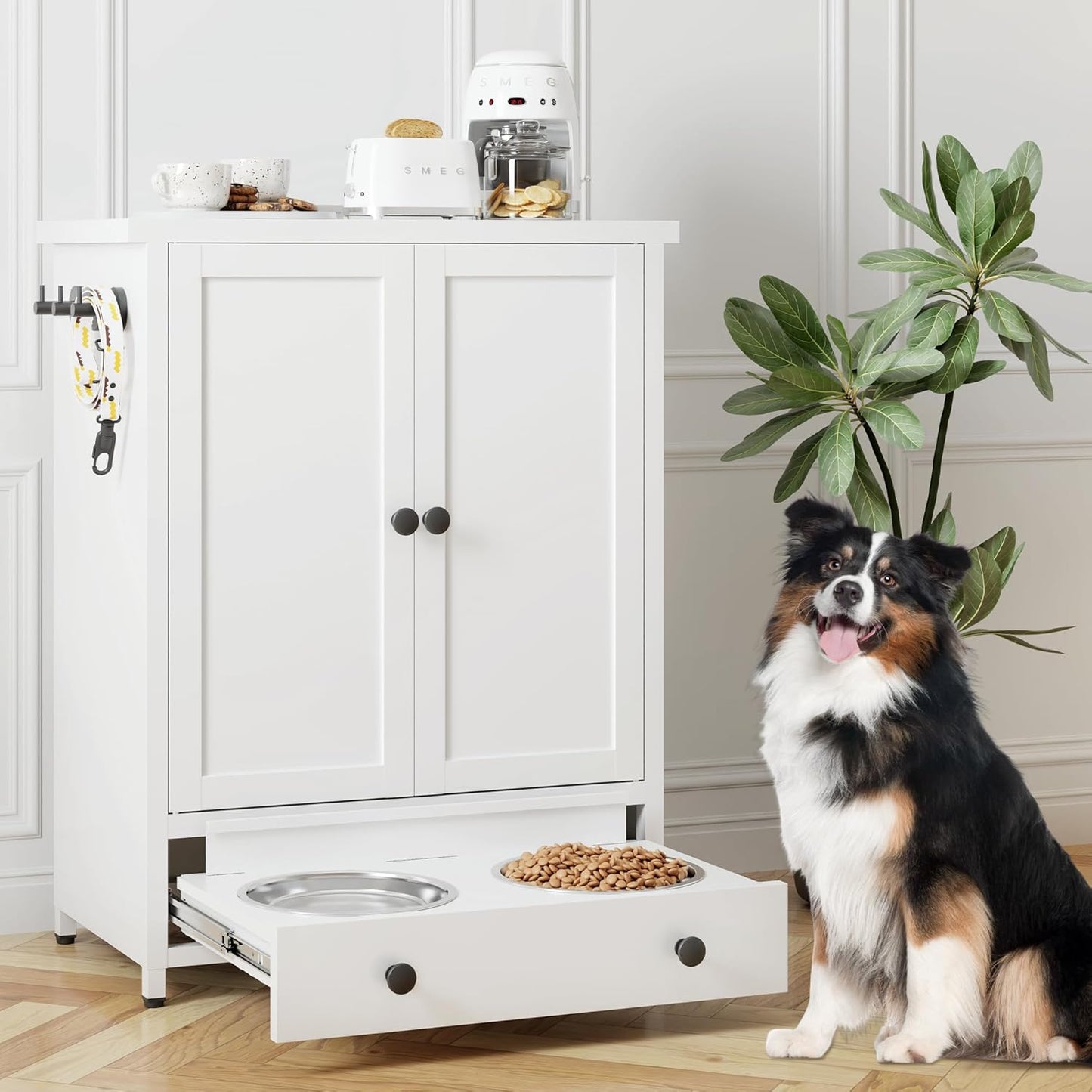 Dog Feeding Station with Storage, Metal Dog Food Storage Cabinet with 2 Elevated Bowls and 3 Hooks, Pet Feeding Station and Dogs Food Storage Organizer, White