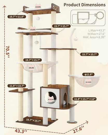 Heybly Cat Tree, 70.5 Inch Wood Tall Cat Tower for Large Indoor Cats with Extra Stable Structure, Modern Cat Furniture with All-Sisal Scratching Posts, Cat Condo & Hammocks, Rustic Brown HCT121SR