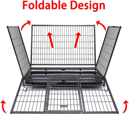 43" Collapsible and Stackable Large Dog Crates, Heavy Duty Dog Kennel Cage Open Top Double Doors W/Feeding Door, Dual Safe Locks, 360° Lockable Casters, Removable Tray & Metal Floor Grids