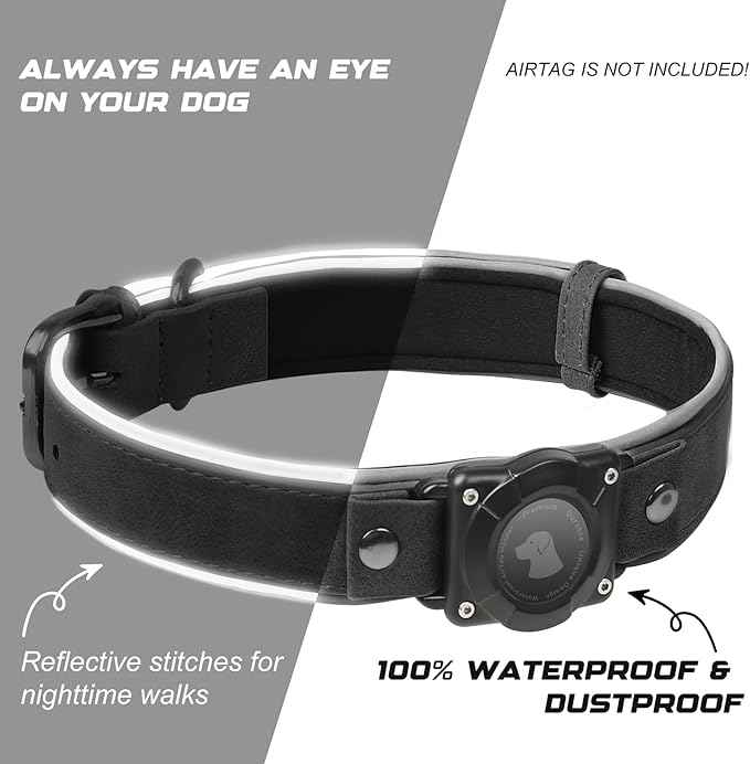 Leather AirTag Dog Collar, Waterproof Dog Collar with Air Tag Holder, Compatible with Apple Air Tag, Reflective, Durable, Comfortable Padded GPS Dogs Collars (Black, L)