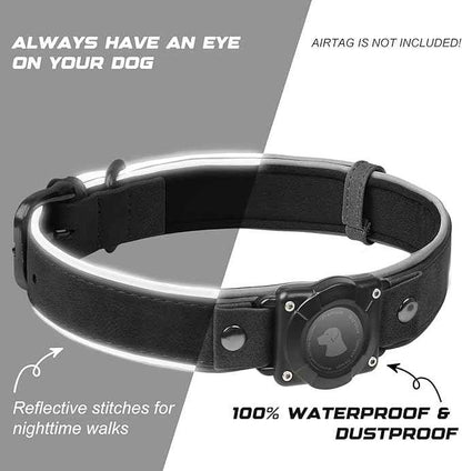 Leather AirTag Dog Collar, Waterproof Dog Collar with Air Tag Holder, Compatible with Apple Air Tag, Reflective, Durable, Comfortable Padded GPS Dogs Collars (Black, L)