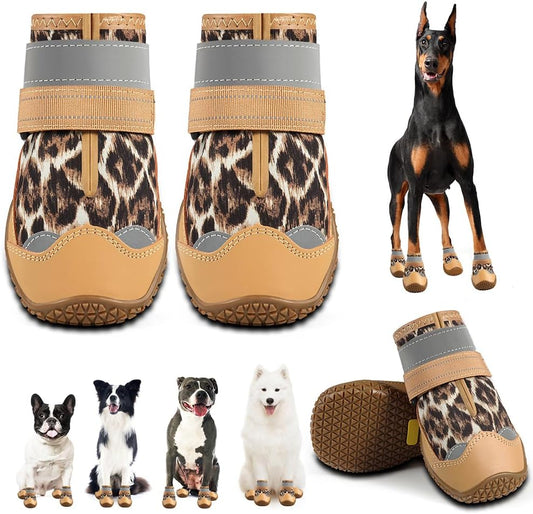 Dog Shoes for Large Dogs, Medium Dog Boots & Paw Protectors for Hardwood Floors, Outdoor Dog Booties for Hot Pavement Winter Snow Hiking, Waterproof Dog Shoes with Reflective Strips Size 4