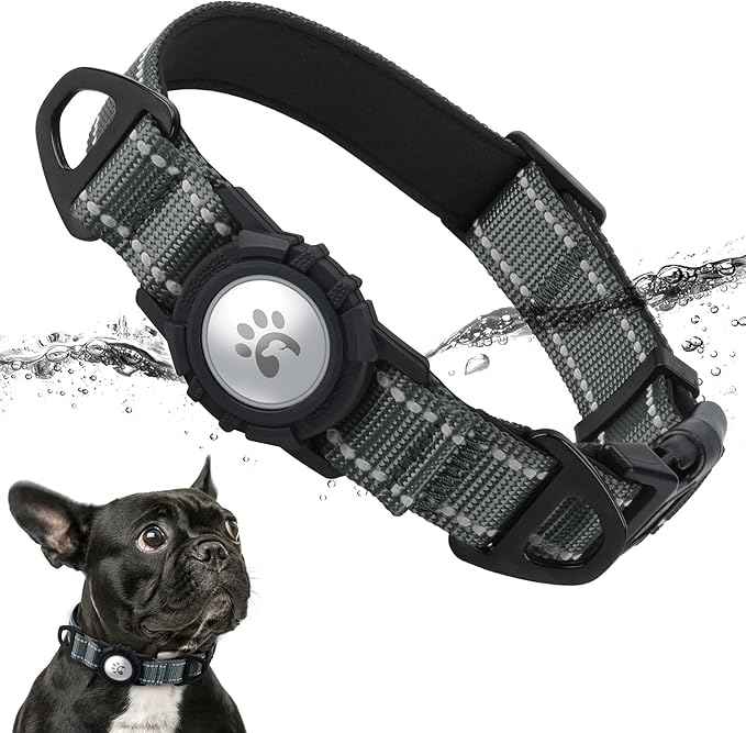 TagME Airtag Dog Collar,Waterproof Reflective Pet Collar with Airtag Holder,Soft Padded and Double D-Rings for Puppy,Grey