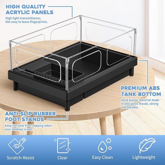 Small Turtle Tank Kit, Acrylic Turtle Tank Starter Kit with Basking Platform, Bottom Drainage, Multi-Function Areas for Turtles, Crabs, Crayfish, Small Reptiles. (Black Kit) - Pawvie