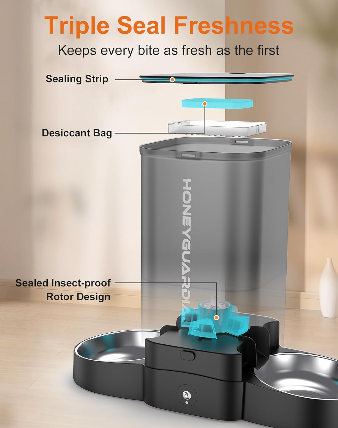 HoneyGuaridan 5L Automatic Cat Feeder for Two Cats, 5G WiFi Smart Feed Pet Feeder with Stainless Steel Bowl,APP Control Dispenser, Dual Power Supply,Desiccant Bag,10s Meal Call Black