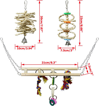 BWOGUE 7 Pack Bird Parrot Toys - Natural Wood Chewing, Climbing, Hanging & Hammock Toys for Small Parakeets, Cockatiels, Conures, Finches, Budgie, Parrots, Love Birds
