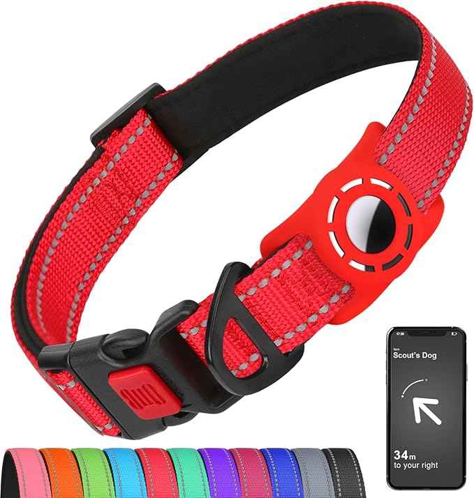 AirTag Dog Collar with AirTag Holder Compatible for Air Tag, Reflective Soft Padded, Safety Locking Buckle, Adjustable Nylon for Small Medium Large Dogs (Red,XL)