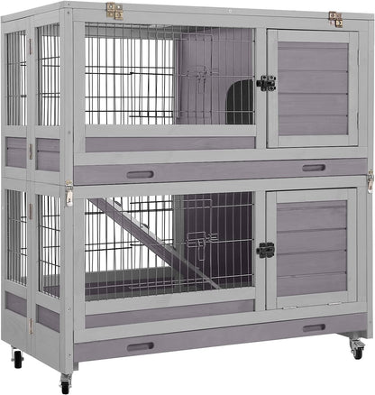 Aivituvin Large Rabbit Hutch Indoor and Outdoor Folding Bunny Cage on Wheels Guinea Pig Cage with Deep No Leak Pull Out Tray,Upgrade Version (Light Gray)