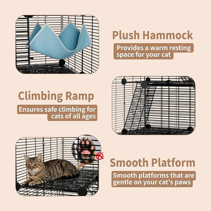 Large Cat Cage Indoor: Enclosed Cat Enclosure DIY Pet Playpen Detachable Metal Wire Kennel Sturdy Crate with Hammock for Cats Kitten