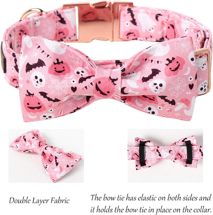 Lionet Paws Halloween Dog Collar, Cute Fall Pink Dog Collar for Large Dogs, Adjustable Cotton Pumpkin Ghost Pet Collars for Medium Large Dogs