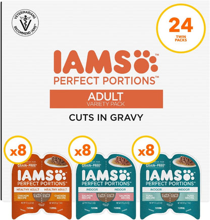 IAMS Perfect Portions Adult Wet Cat Food Cuts in Gravy, Chicken, Tuna, and Salmon Recipe Variety Pack, 2.6 oz. Easy Peel Twin-Pack Trays (24 Count, 48 Servings)