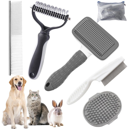 Dog Brush for Shedding,6 PCS in One Pet Slicker Hair Brush Kit Organizer Bag - Dog Cat Grooming Deshedding Undercoat Rake Brush Comb for All Small Large Dogs Cats Grey