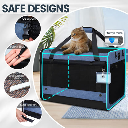 Petskd Extra Large Cat Carrier with Wheels and Litter Box, 24"x17"x17" Rolling Soft Carrier Until 55LBS Pets with 5 Breathable Mesh Windows and Locking Zippers for Long Distance Car Travel(Blue)