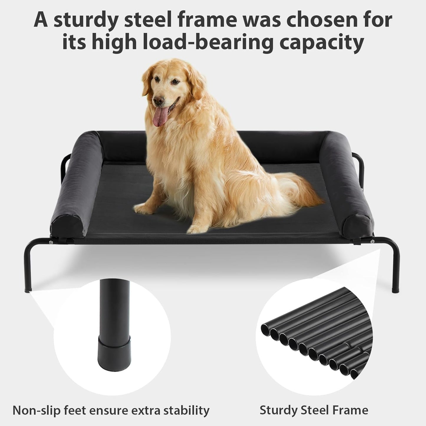 RRPETHOME Large Elevated Cooling Dog Bed, Raised Dog Cot Beds for Large Dogs, Elevated Outdoor Pet Bed, Chew Proof Portable Cooling Pet Cot with Skid-Resistant Feet and Breathable Mesh
