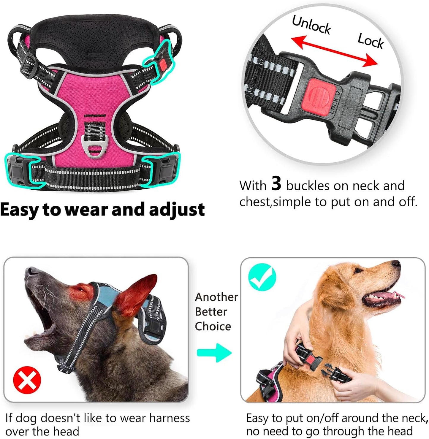 Timos No Pull Dog Harness, No Choke Front Lead Dog Reflective Harness, Adjustable Soft Padded Pet Vest with Easy Control Handle for Small Medium Large Dogs, XS