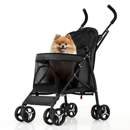 MoNiBloom 4 Wheels Pet Stroller, Easy-Fold Puppy Cage Jogger Stroller with Sun Cover, Pad and Rear Storage Bag, Breathable and Visible Mesh for Small/Medium Pets up to 22 lbs, Black - Pawvie