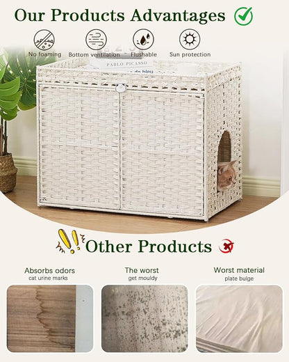 Cat Litter Box Enclosure Furniture, Handwoven Rattan Hidden Litter Box with Mat, Large Space Cat House with 2 S-Shaped Hooks 30.3 x 18.3 x 24.4 Inches, Indoor for Living Room Apartment White