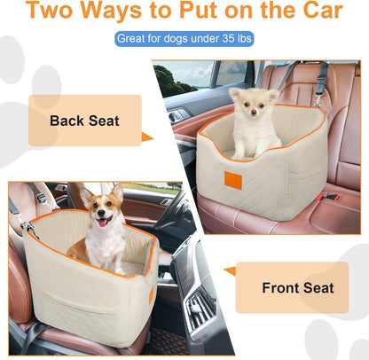 Dog Car Seat for Small Dogs, Memory Foam Booster Dog Seat for Dogs up to 35 lbs, Elevated Pet Car Seat, Travel Safety Pet Seat with Washable Removable Cover, Storage Pockets (Beige)