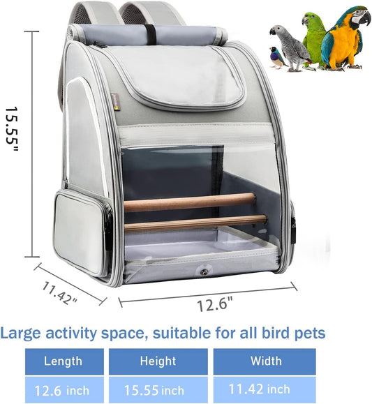 Texsens Bird Carrier Backpack - Pet Travel Cage with Upgraded Tray and Standing Perches, Breathable & Portable, for Small Birds, Green Cheek, Cockatiel, Parrot (Grey)