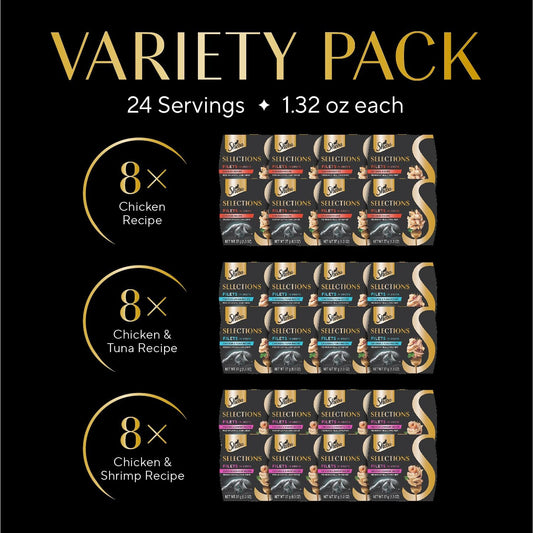 Sheba Selections Filets in Broth Adult Wet Cat Meal Complement Chicken, Tuna, or Shrimp Recipe, 1.3 oz. Cups, 24 Count