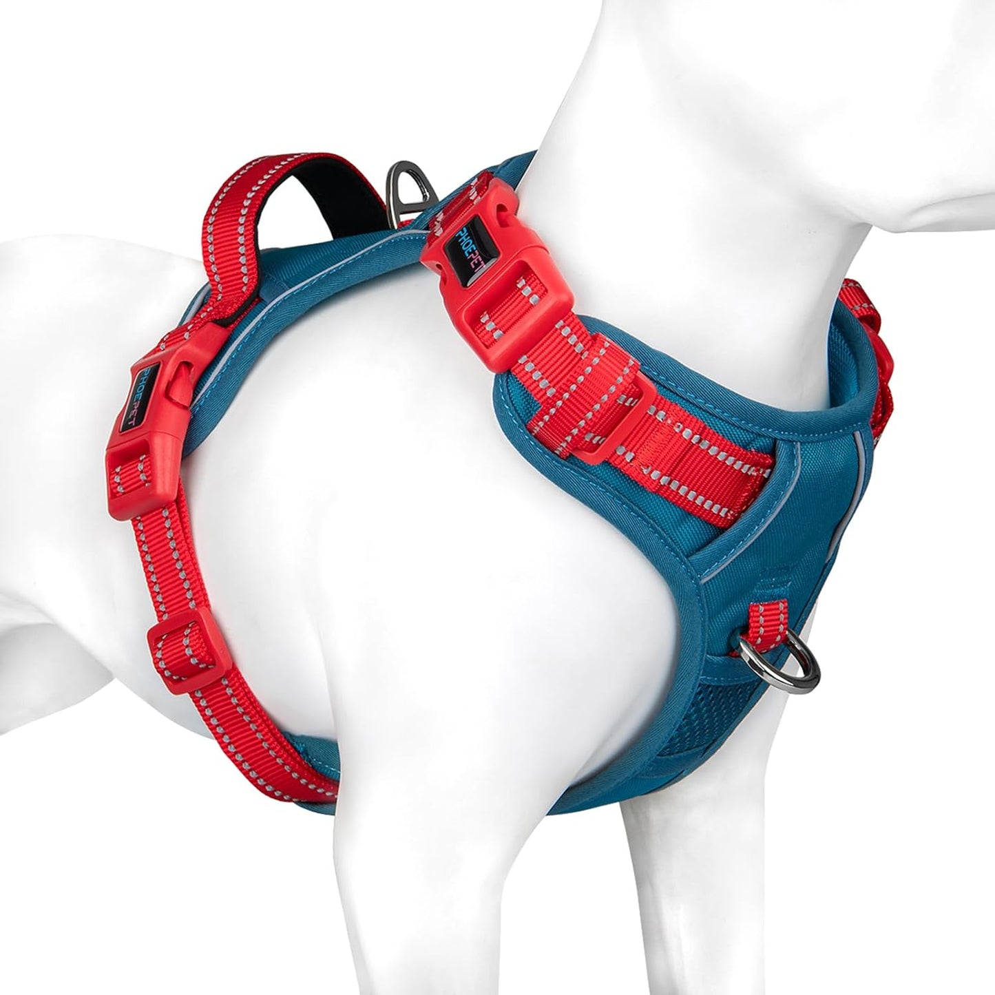 PHOEPET No Pull Dog Harness, Unique Colors Reflective Adjustable Dog Vest, with Soft Training Handle Metal Clips for Small Medium Large Dogs (Teal Base & Red Straps,L)