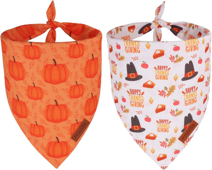 PTDECOR Thanksgiving Fall Dog Bandanas, Orange White Reversible Holiday Pet Scarf, Happy Thanksgiving Pumpkin Triangle Thanksgiving Bandanas for Small Dogs Puppies Cats(Small)