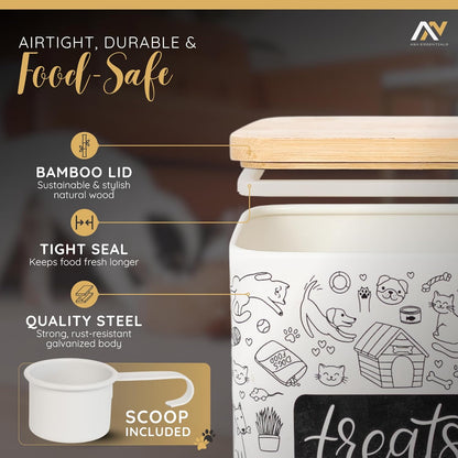 A&N Essentials 3-Piece Pet Food Storage Container Set – Airtight Galvanized Steel with Bamboo Lids – Holds Up to 6 lbs Kibble & 6 Cups Treats for Dogs & Cats